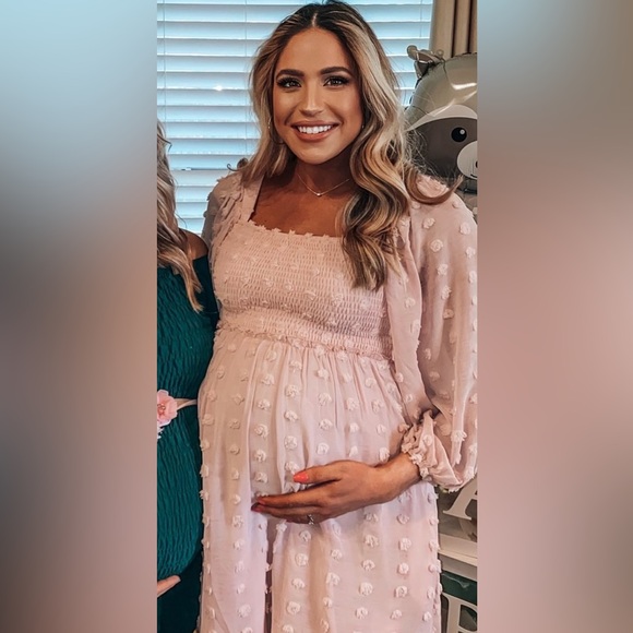 Pink Textured Dot Smocked Square Neck Chiffon Maternity Dress - Picture 2 of 3